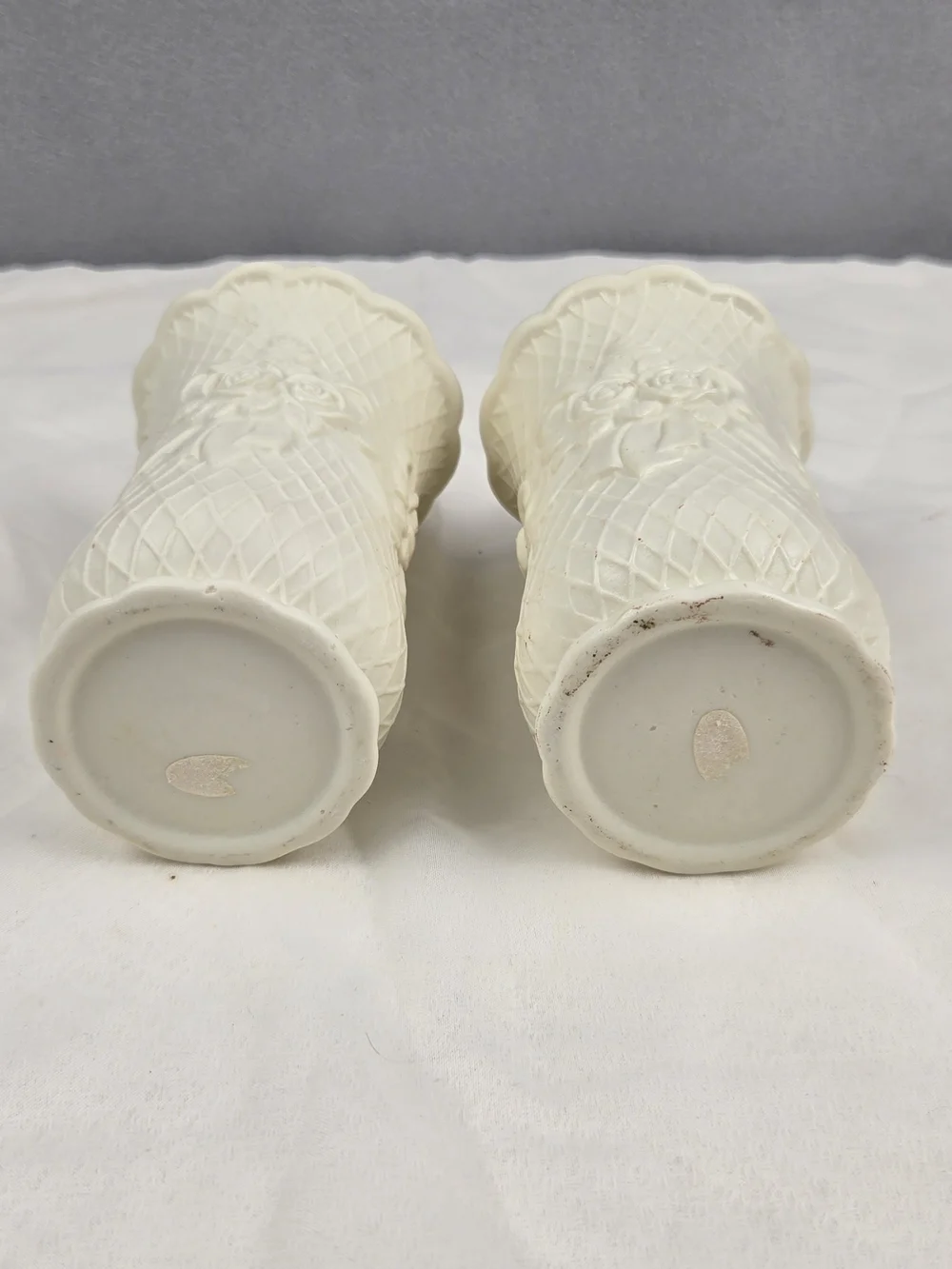 Pair of Vintage Porcelain Bisque Rose & Lattice Vases